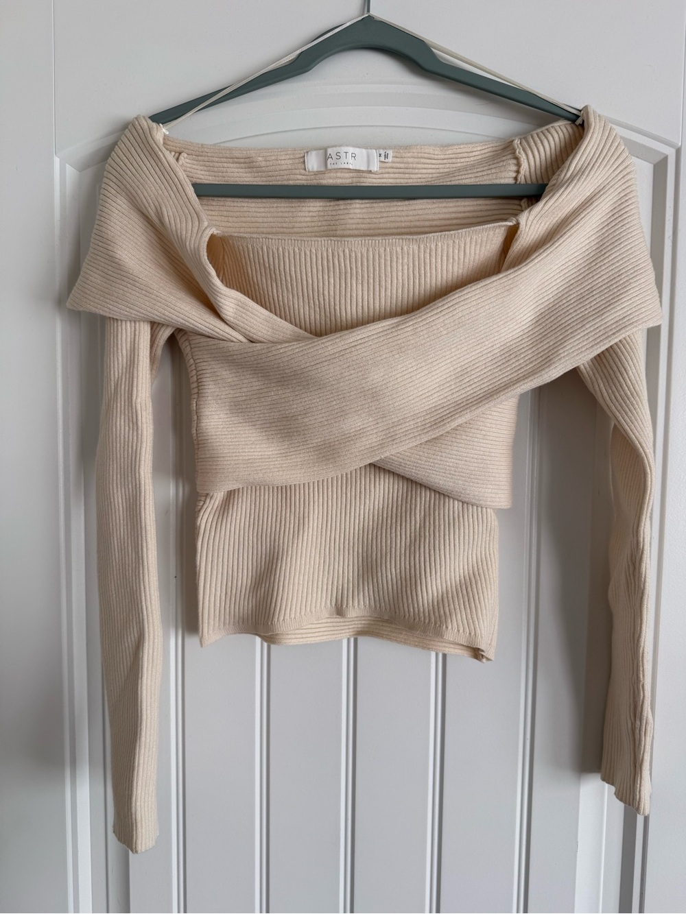 Astr Cream Ribbed Off-Shoulder Wrap Sweater
